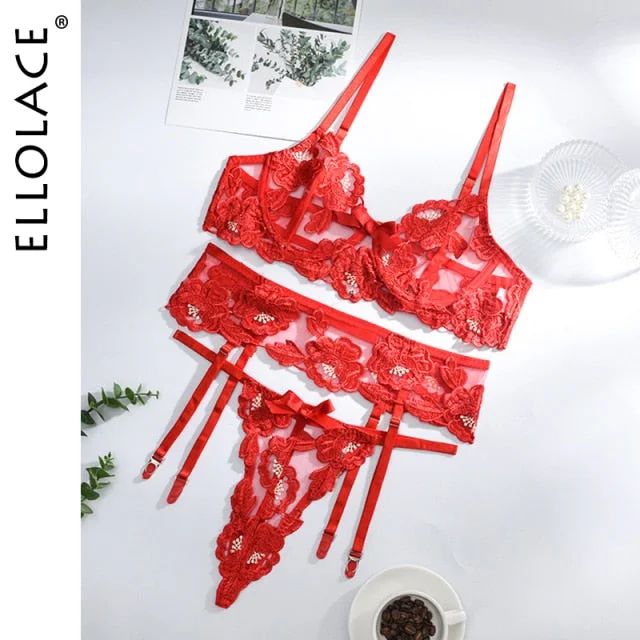 Ellolace Sexy Sensual Floral Embroidery Lingerie Set