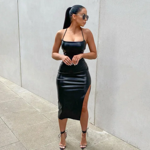 Leather Open Chest Sleeveless Midi Dresses