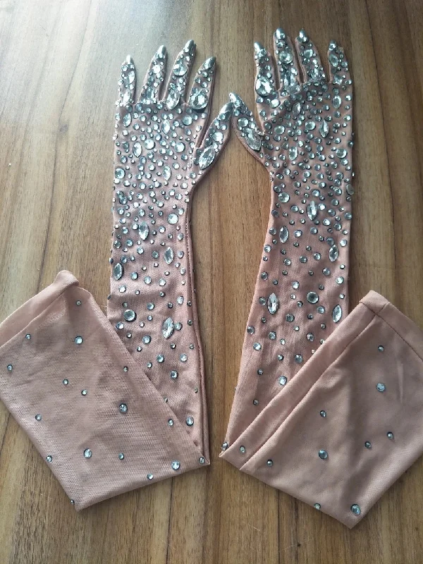 Luxurious Stretch Rhinestones Gloves Sparkly Crystal Mesh Long Gloves Dancer Singer Nightclub