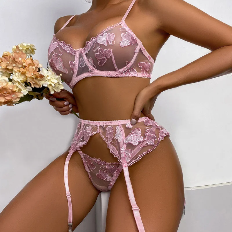 Pink Heart Embroidered Cute Girly Sexy Lingerie Three Piece Set