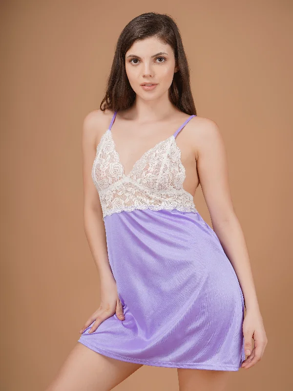 Lace Detailed Lavender Satin Babydoll