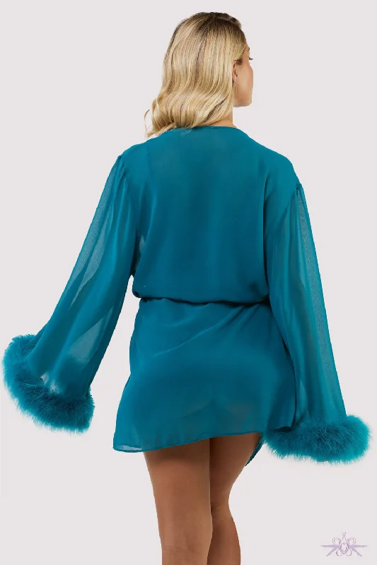 Bettie Page Feather Trim Teal Robe