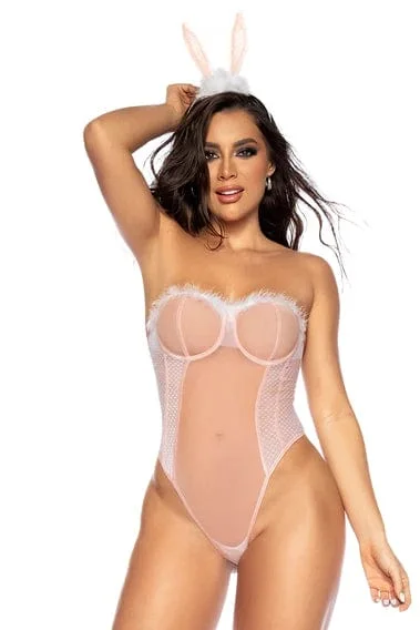 Feathered Bodysuit Lace-Up Back & Headpiece Sexy Bunny Costume