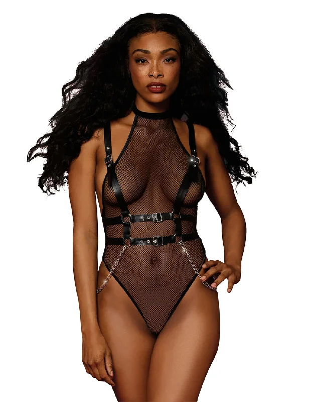 Fishnet Halter Teddy & Faux Leather Harness Set