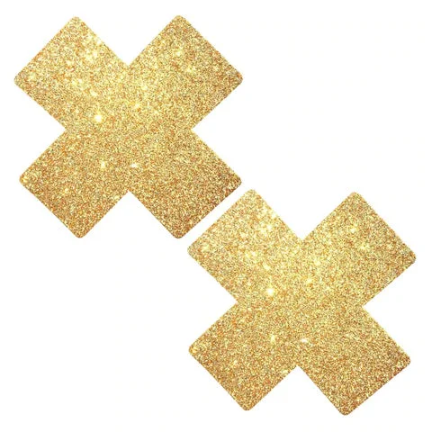 Love in Leather CROSS Reusable Nipple Pasties Gold Glitter