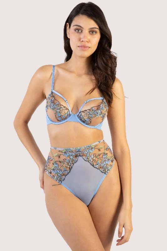 Mayla Blue Floral Embroidered High Waisted Thong