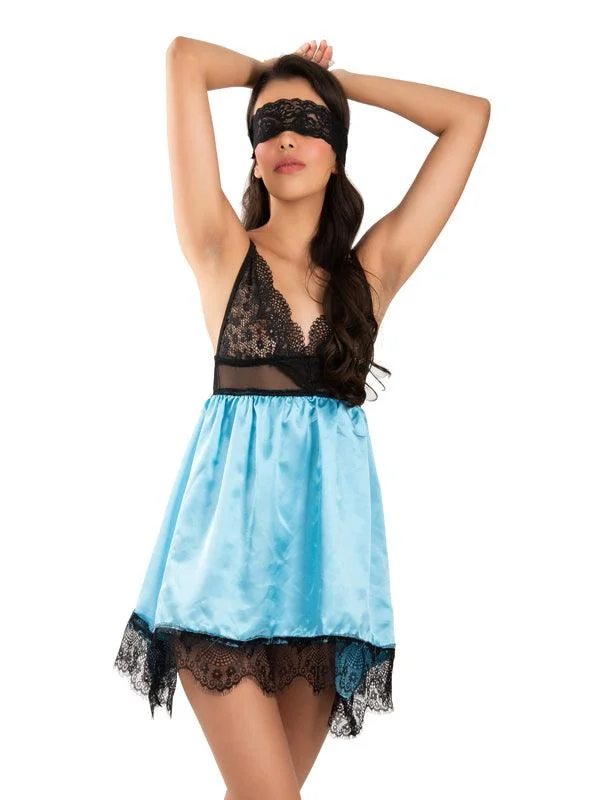 Women Satin Lace Babydoll Lingerie with G-String Panty & Eye Mask Pack of 1