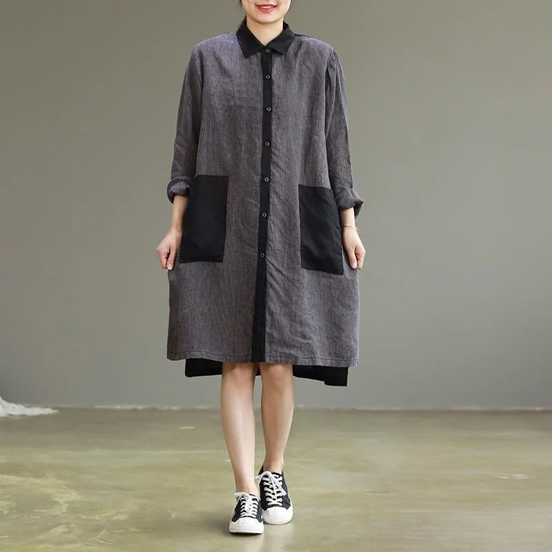 Women lapel Large pockets linen clothes plus size Tunic Tops gray patchwork black baggy Dresses spring