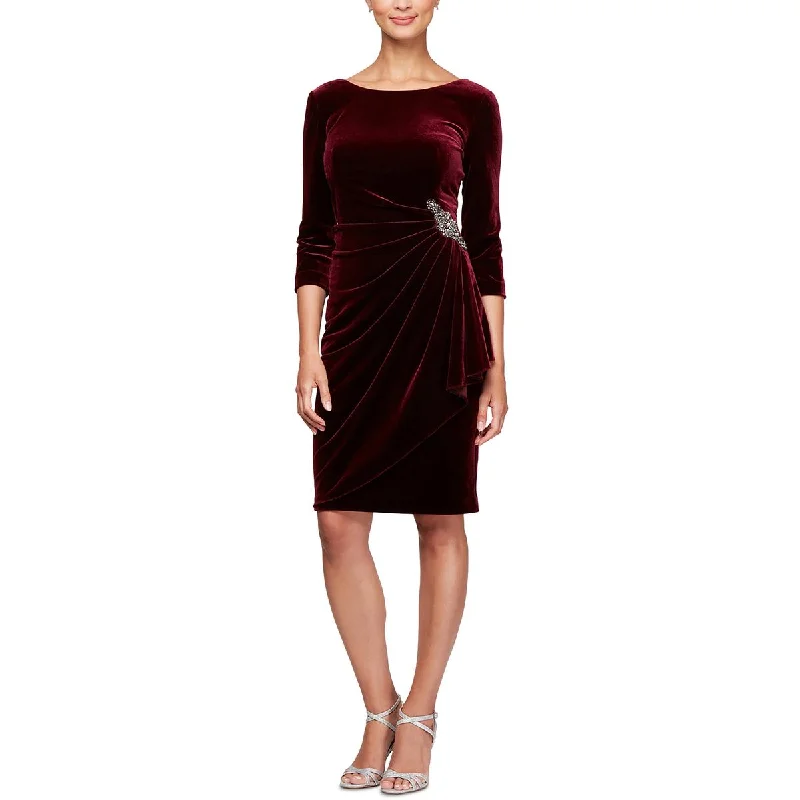 Alex Evenings Womens Petites Velvet Pleated Cocktail and Party Dress