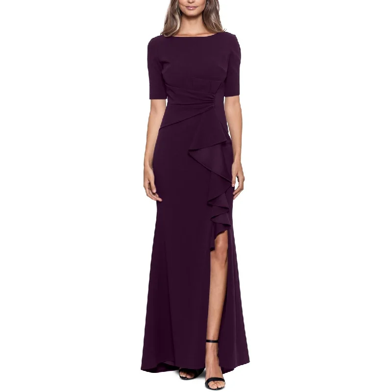 Betsy & Adam Womens Petites Ruched Boatneck Evening Dress