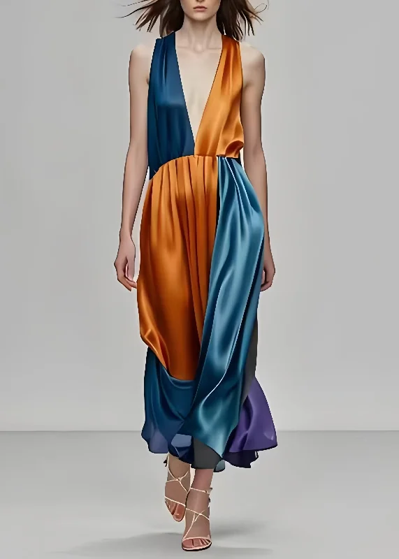 Bohemian Colorblock Deep-V Neck Patchwork Silk Party Dress Sleeveless