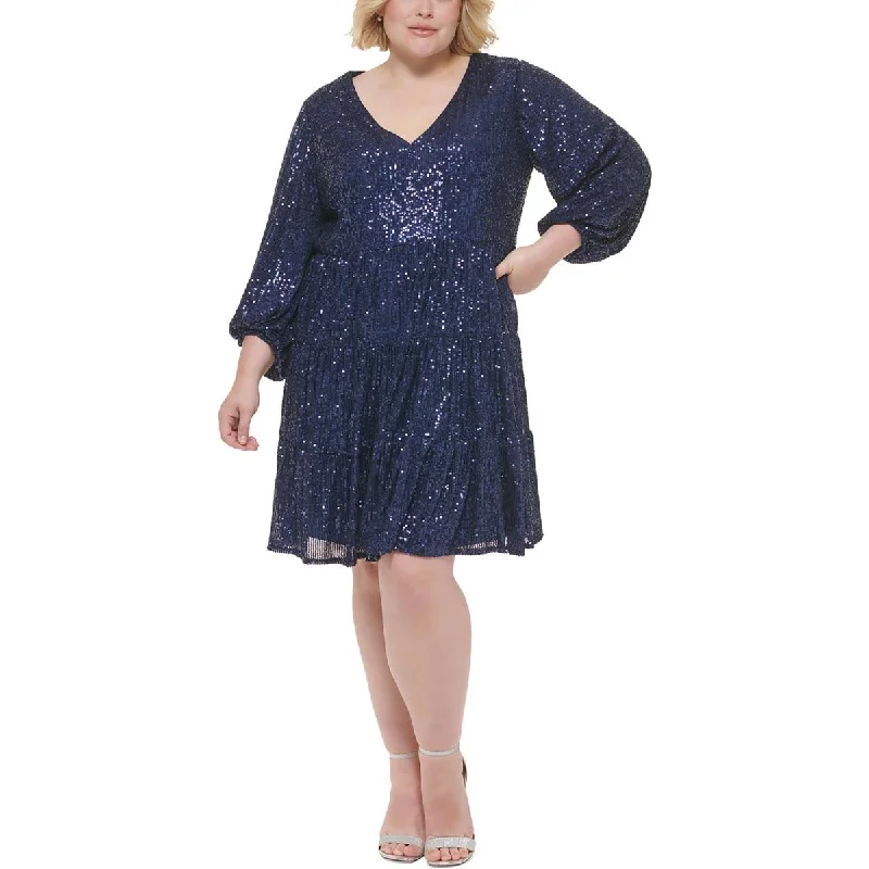 Eliza J Womens Plus Mesh Sequined Cocktail and Party Dress