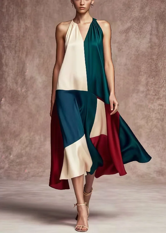 French Colorblock Asymmetrical Patchwork Silk Party Dress Summer