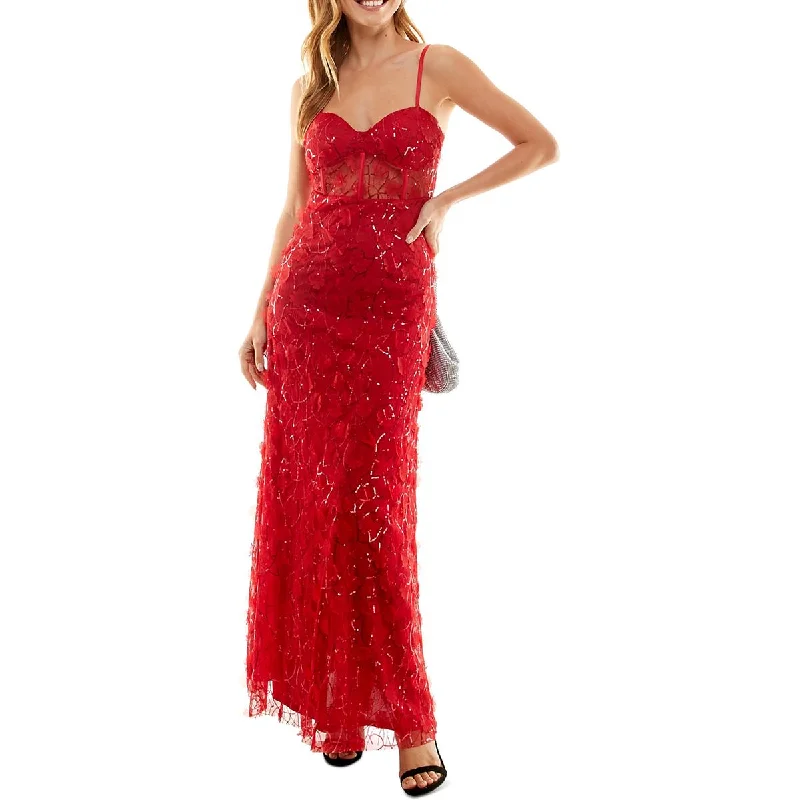 Jump Apparel Womens Juniors Sequined Illusion Evening Dress