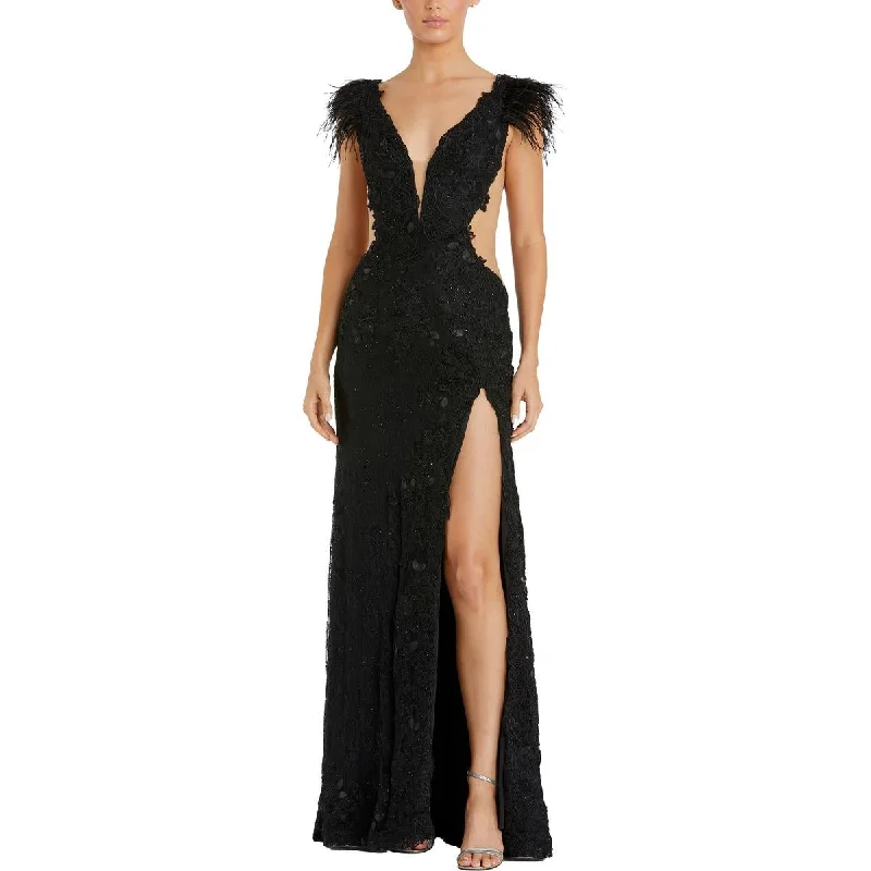 Mac Duggal Womens Feathers Illusion Evening Dress