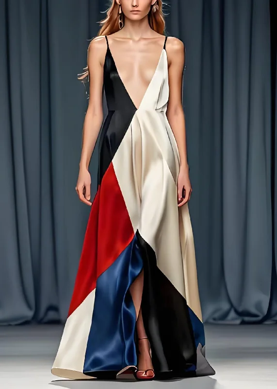 Sexy Colorblock V Neck Silk Spaghetti Strap Party Dress Sleeveless