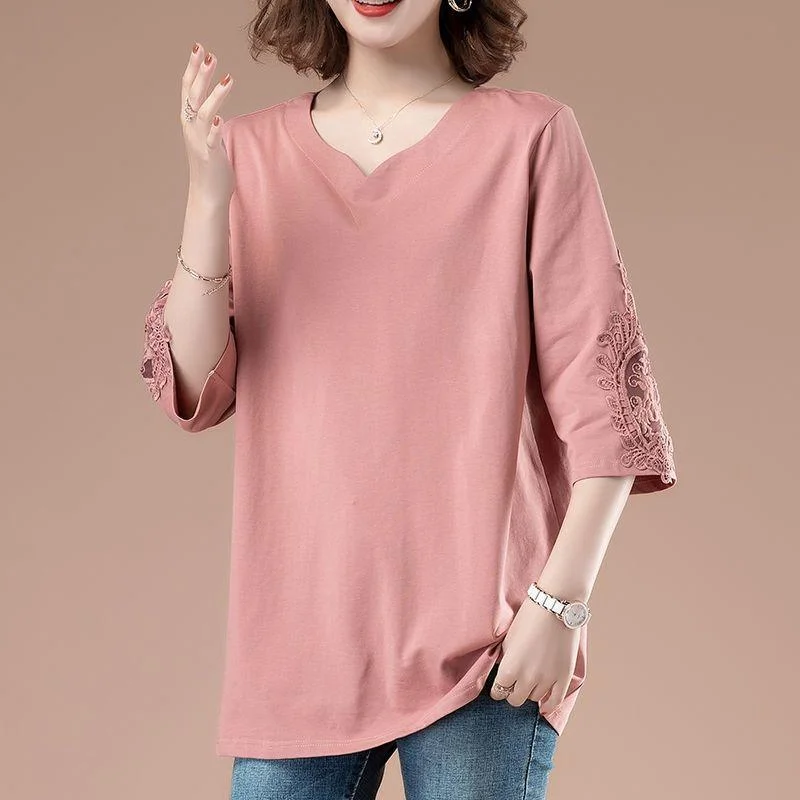 100% Cotton Large Size Three-quarter Sleeve T-shirt Women Loose Fashion Middle-aged Top