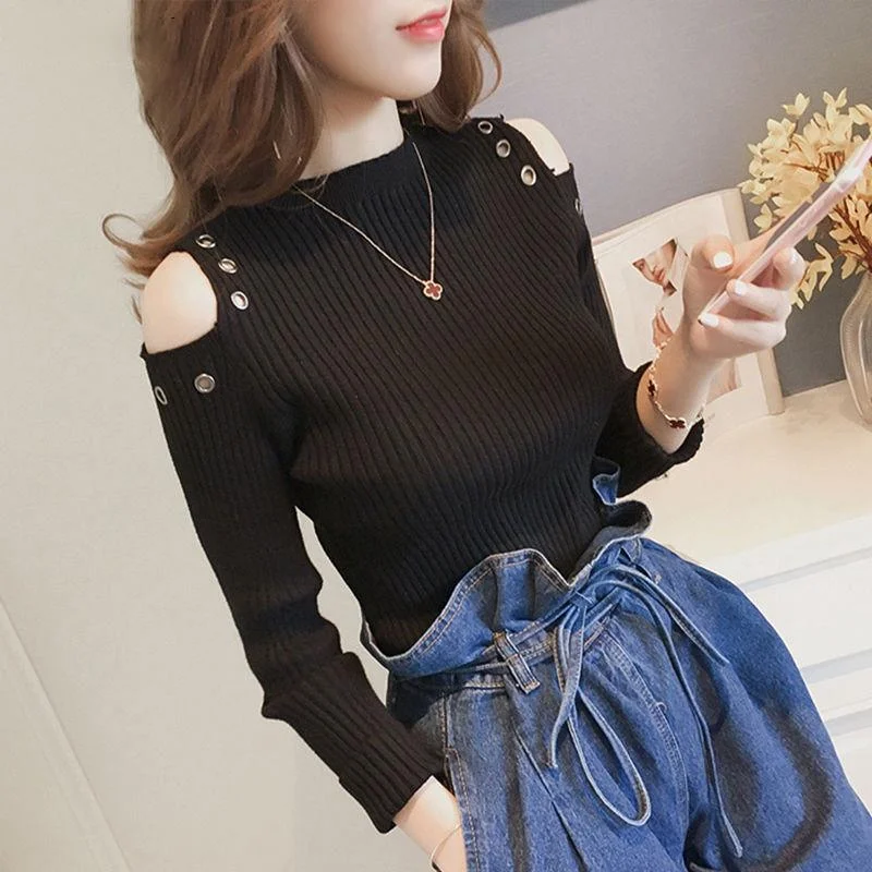 Autumn Strapless Inner Wear Women's Hollow Tight T-shirt Long-sleeved Sexy Knitted Sweater Base