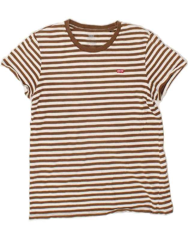 LEVI'S Womens T-Shirt Top UK 12 Medium Brown Striped Cotton