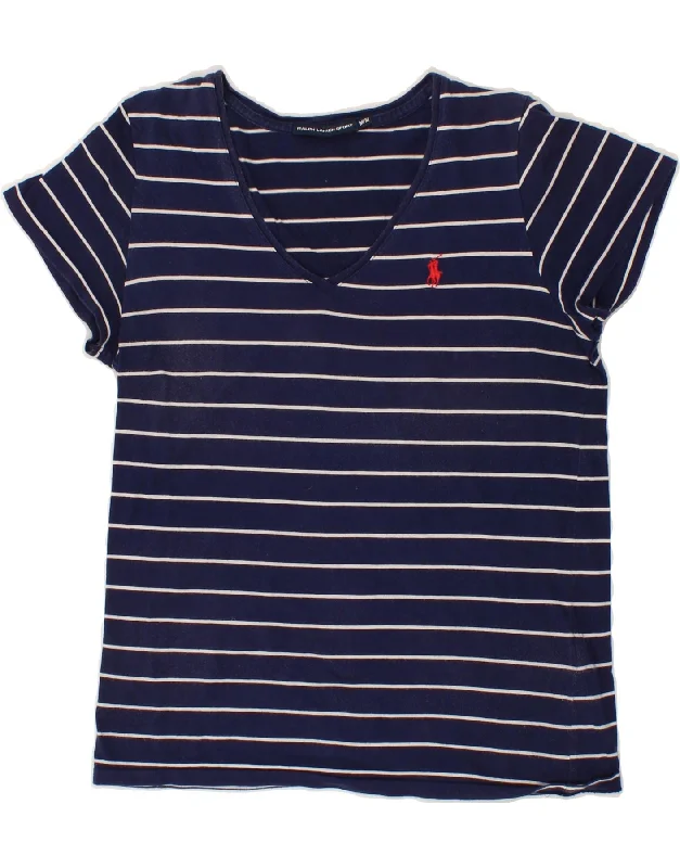 RALPH LAUREN Womens T-Shirt Top UK 12 Medium Navy Blue Striped Cotton