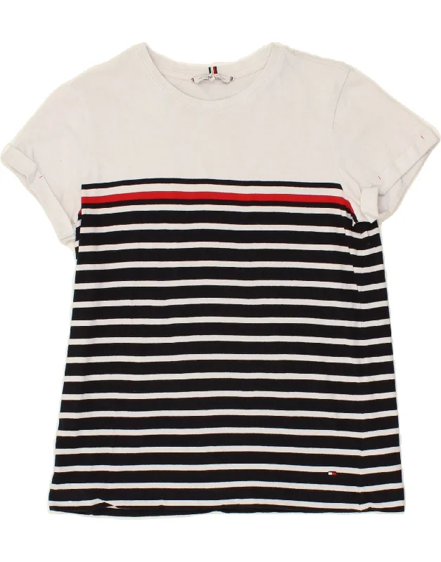 TOMMY HILFIGER Womens T-Shirt Top UK 6 XS White Striped Cotton Zippered Front Buttoned Front Snap Front TOMMY HILFIGER Womens T-Shirt Top UK 6 XS White Striped Cotton Zippered Front Buttoned Front Snap Front