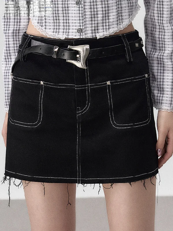 Black Denim 2-in-1 Studded Frayed Mini Skirt