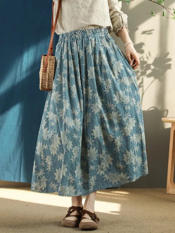 Plus Size Floral Vintage Elastic Waist Summer Loose Skirt leather skirt sleek