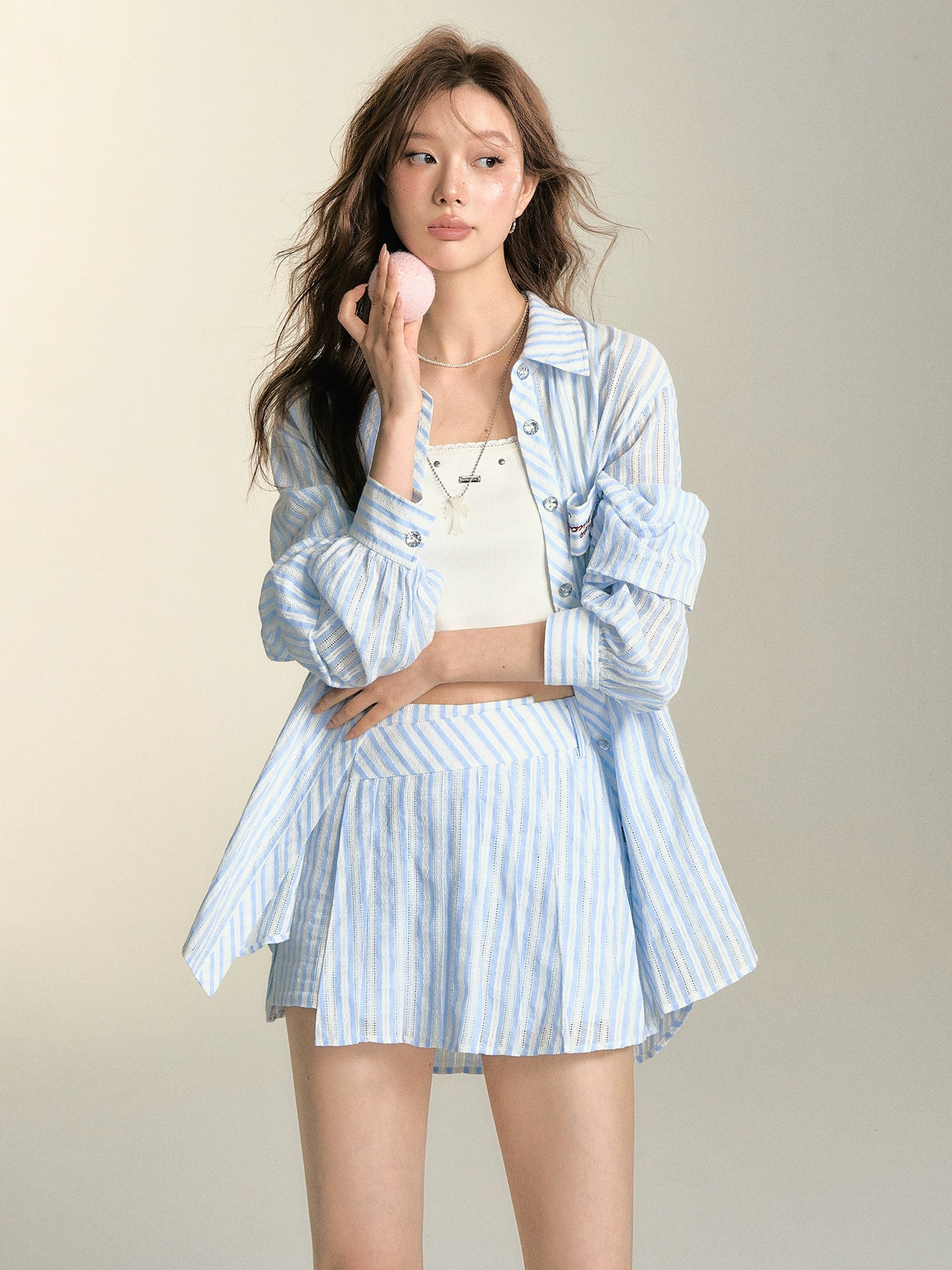 Lace Hollow Striped Shirt & Pleated Skirt Short Set