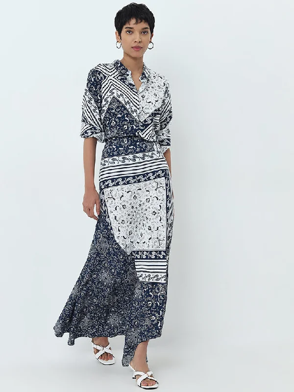 LOV Navy Paisley Printed High-Rise Skirt