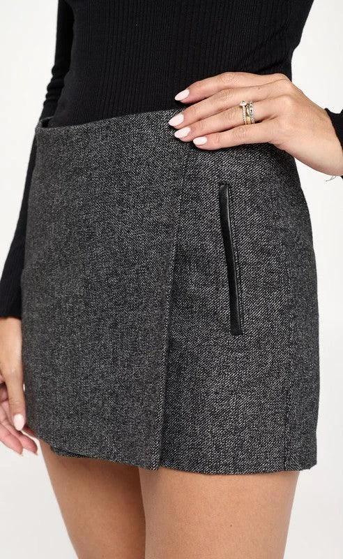 Grey Mini Wrap Skirt Short Leather Contrast