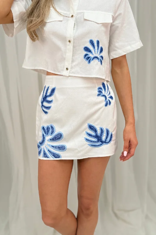 Polly Blue Embroidered Skirt In White