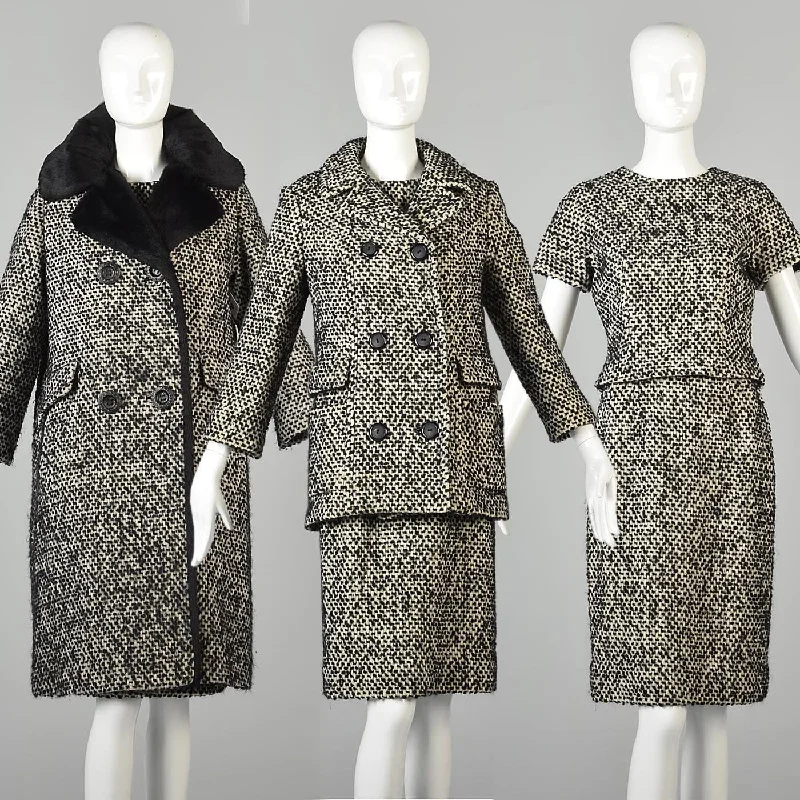1960s Four Piece Tweed Set with Top, Skirt, Jacket, and Coat Herringbone Jacket Checkered Jacket Solid Jacket 1960s Four Piece Tweed Set with Top, Skirt, Jacket, and Coat Herringbone Jacket Checkered Jacket Solid Jacket