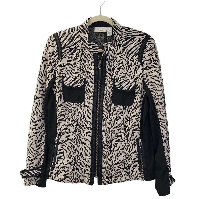 Chico's Zebra Print Faux Leather Trim Mixed Media Zip Up Jacket Size 2/Large Embroidered Jacket Appliqued Jacket Beaded Jacket Chico's Zebra Print Faux Leather Trim Mixed Media Zip Up Jacket Size 2/Large Embroidered Jacket Appliqued Jacket Beaded Jacket