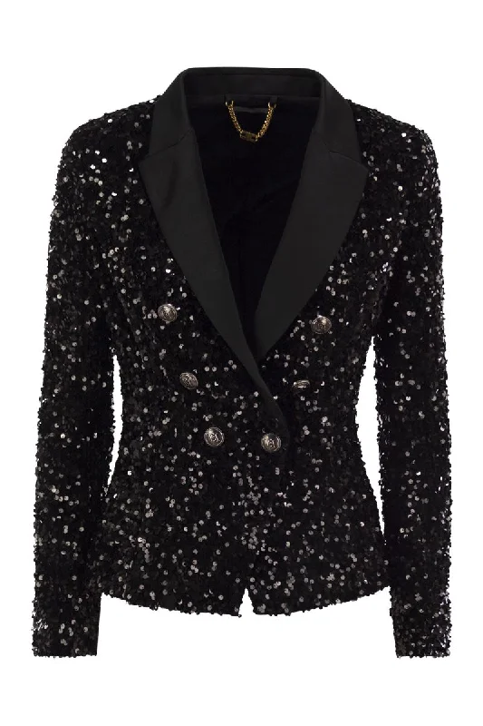 Double-breasted jacket in chenille embroidered with sequins