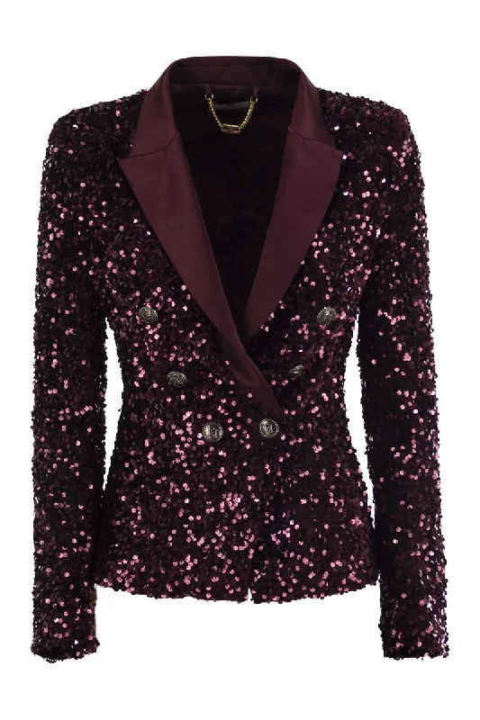 Double-breasted jacket in chenille embroidered with sequins