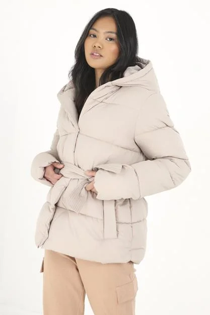 SHORT PADDED BELTED JACKET WITH HOOD