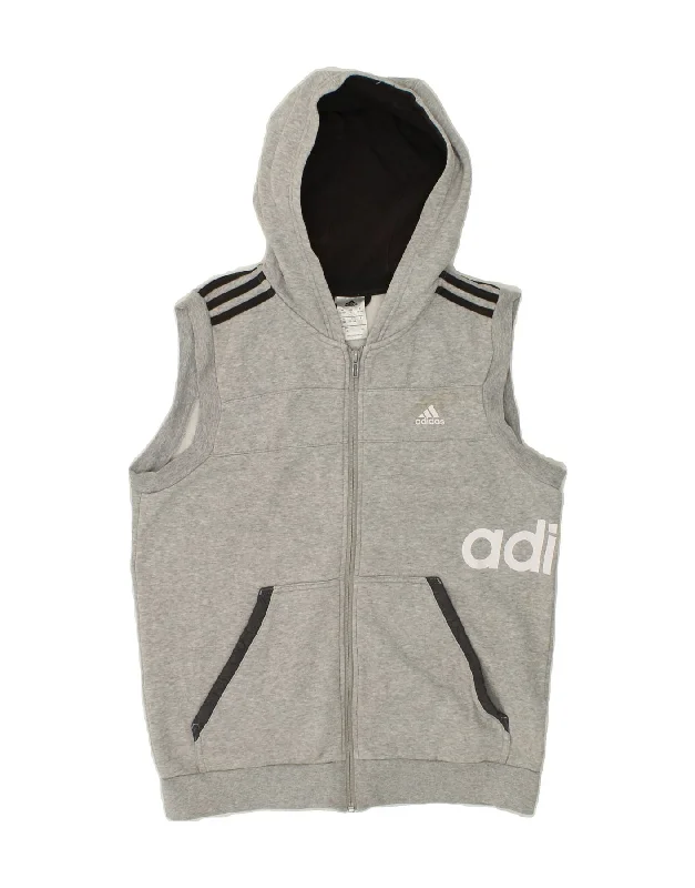 ADIDAS Boys Graphic Sleeveless Hoodie Jumper 13-14 Years Grey Cotton Hoodie with Hem Raw Edge Edgy Unfinished ADIDAS Boys Graphic Sleeveless Hoodie Jumper 13-14 Years Grey Cotton Hoodie with Hem Raw Edge Edgy Unfinished