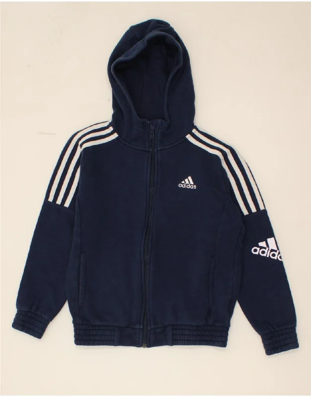 ADIDAS Boys Graphic Zip Hoodie Sweater 9-10 Years Navy Blue Cotton