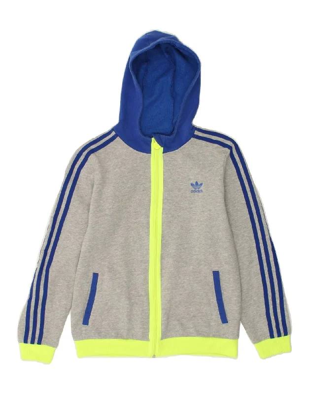 ADIDAS Boys Zip Hoodie Sweater 13-14 Years Grey Colourblock Cotton Hoodie with Hem Drawcord Adjustable Customizable