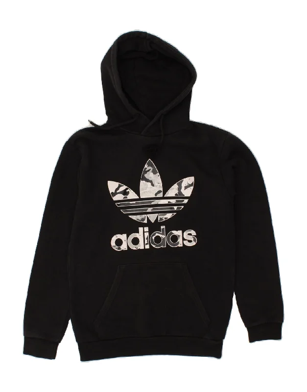 ADIDAS Mens Graphic Hoodie Jumper XS Black Cotton Hoodie with Hem Frayed Vintage Worn ADIDAS Mens Graphic Hoodie Jumper XS Black Cotton Hoodie with Hem Frayed Vintage Worn