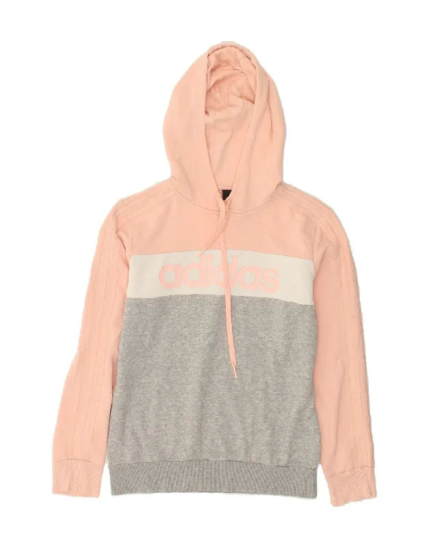 ADIDAS Womens Graphic Hoodie Jumper UK 8/10 Small Pink Colourblock Cotton Hoodie with Cuffed Sleeves Snug Secure