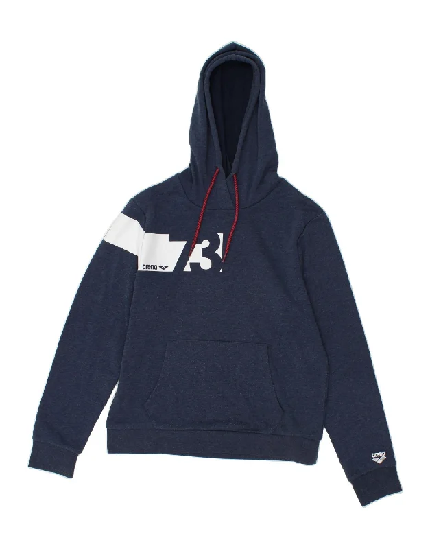 ARENA Mens Graphic Hoodie Jumper Medium Navy Blue Cotton Hoodie with Raw Hem Edgy Unfinished