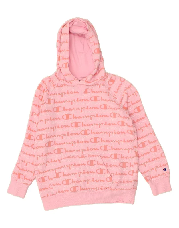 CHAMPION Girls Graphic Hoodie Jumper 11-12 Years Large Pink Cotton