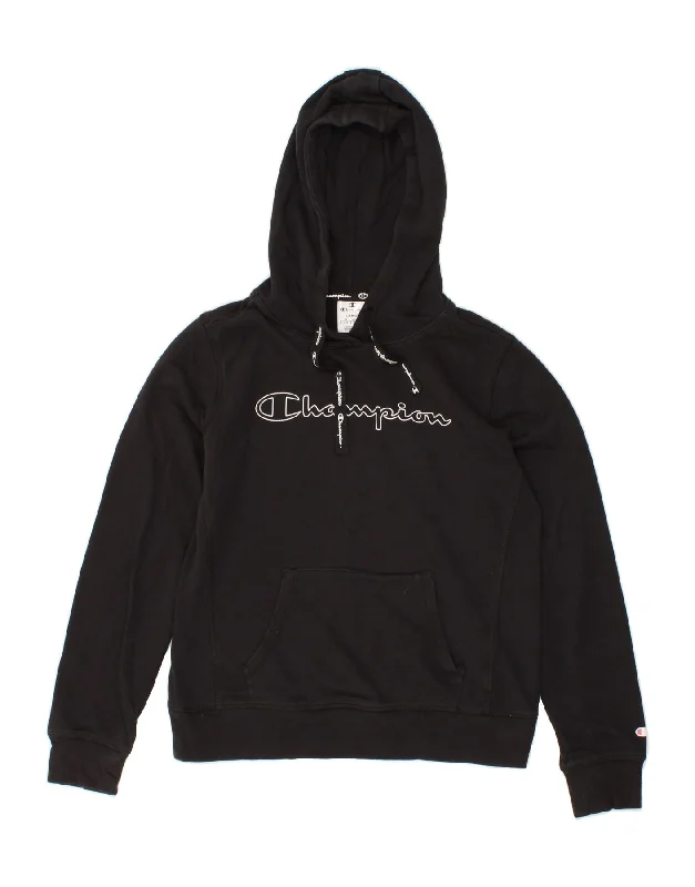 CHAMPION Womens Graphic Hoodie Jumper UK 14 Large Black Cotton Hoodie with Pastel Soft Subtle