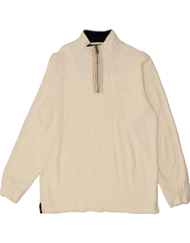 COTTON TRADERS Mens Zip Neck Sweatshirt Jumper Large Beige Cotton Hoodie with Emblem Brand Identity