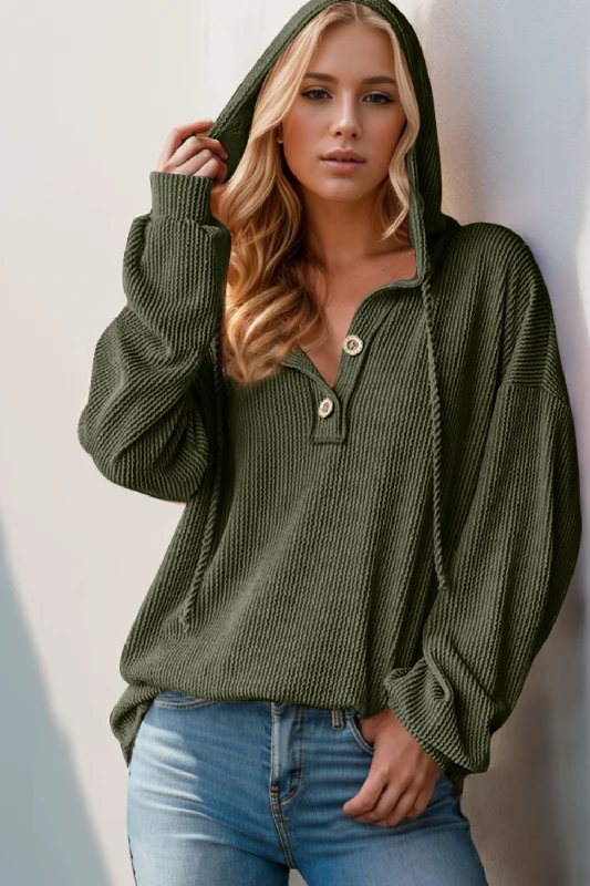 Double Take Full Size Half Button Long Sleeve Hoodie Hoodie with Color Block Contrast Stylish