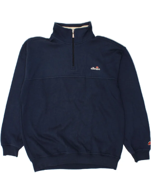 ELLESSE Mens Zip Neck Sweatshirt Jumper Medium Navy Blue Polyester Hoodie with Zipper Versatile Modern
