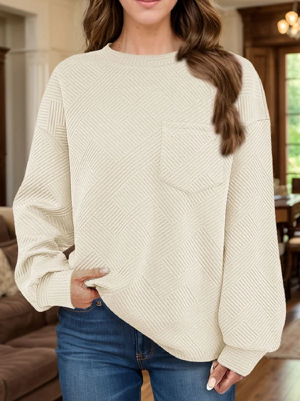 Full Size Texture Round Neck Long Sleeve Sweatshirt Hoodie with Hem Embroidery Detailed Premium Full Size Texture Round Neck Long Sleeve Sweatshirt Hoodie with Hem Embroidery Detailed Premium