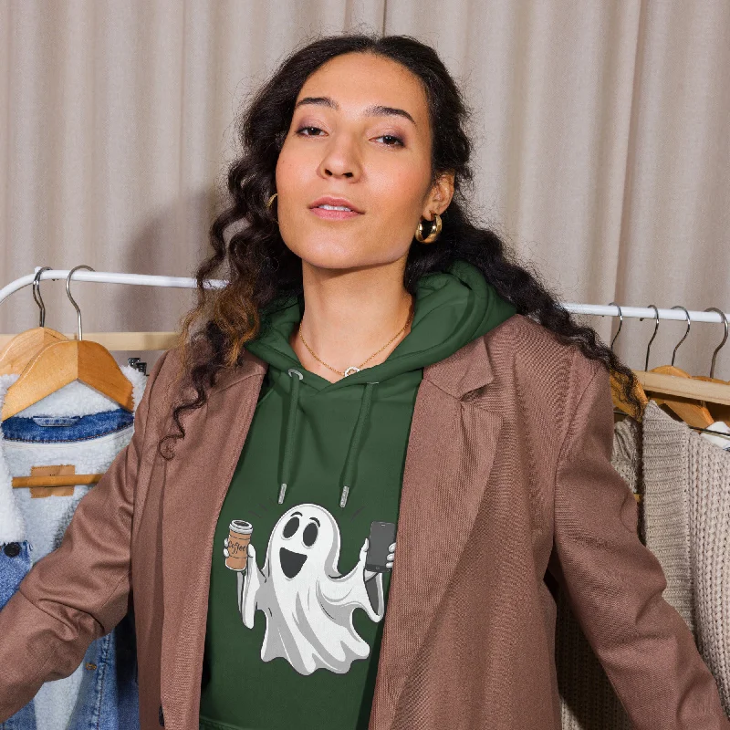 Ghost with Coffee Halloween Graphic Women Eco Raglan Hoodie Hoodie with Back Slit Movement Comfort Ghost with Coffee Halloween Graphic Women Eco Raglan Hoodie Hoodie with Back Slit Movement Comfort
