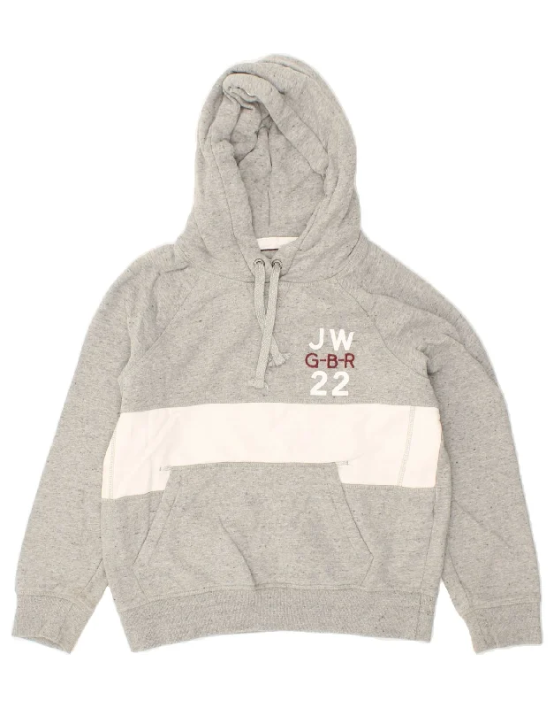 JACK WILLS Womens Graphic Hoodie Jumper UK 10 Small Grey Colourblock Hoodie with Frayed Bohemian Relaxed